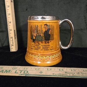 Vintage Brown Ceramic Beer Stein Mug with Chrome Rim & Handle